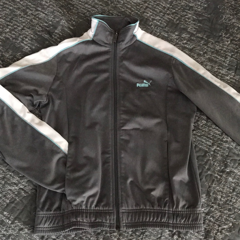 Grey Puma jacket with white and turquoise piping